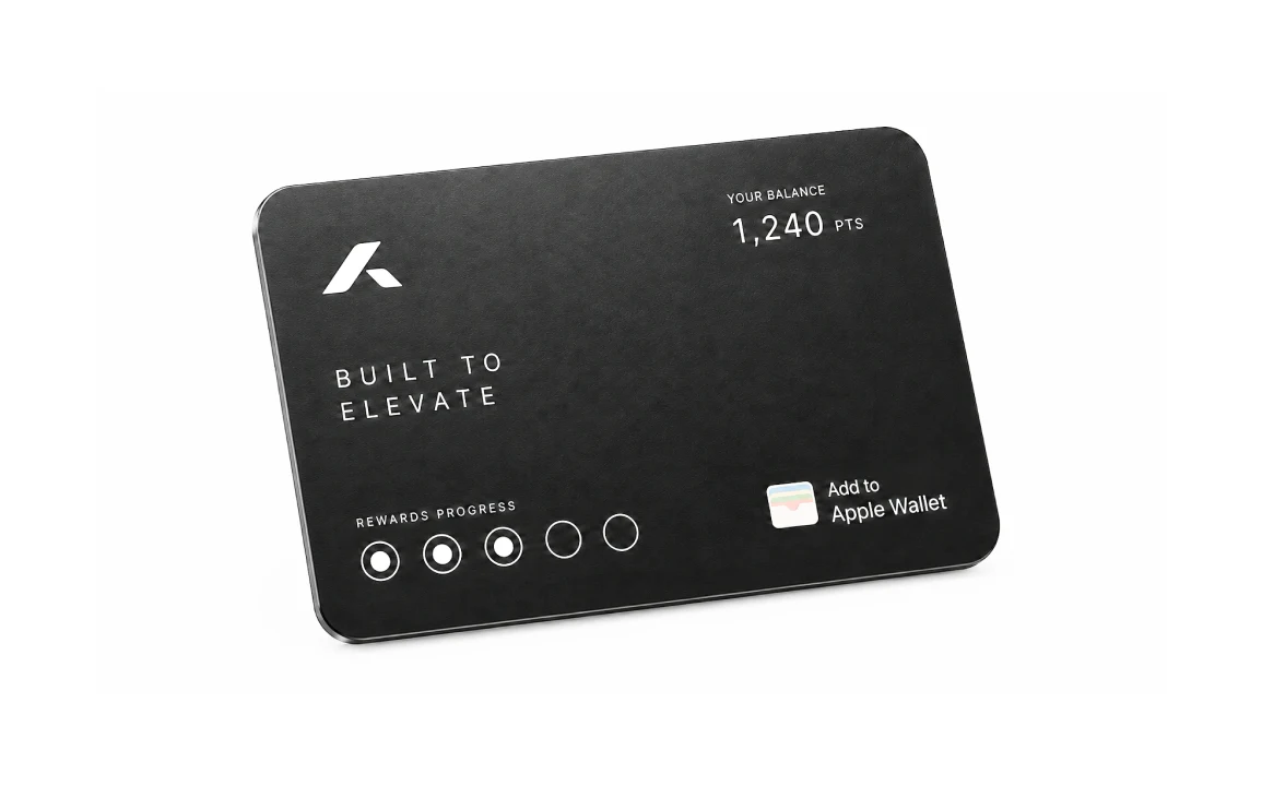 A black loyalty card with a points balance, next to Apple Wallet