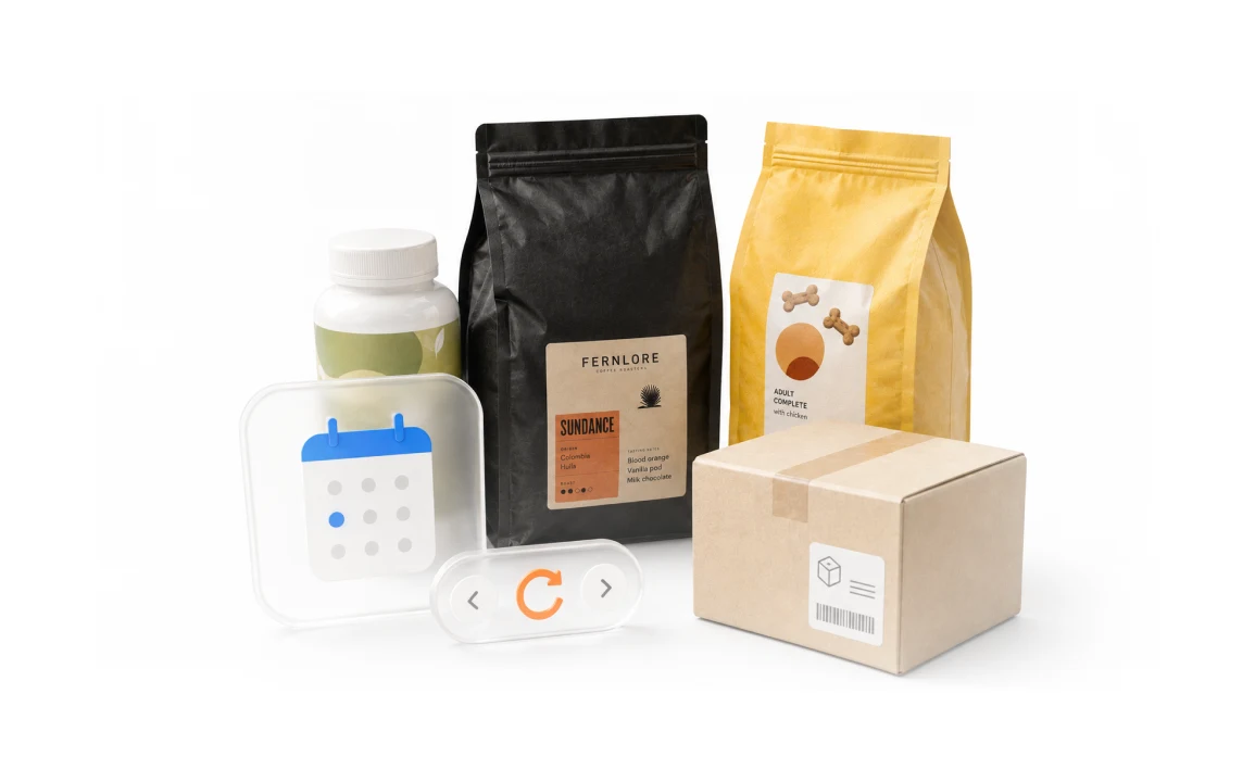 Coffee bags, a supplement jar and a parcel arranged as a recurring order